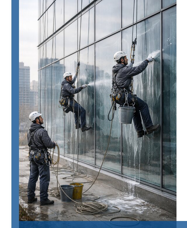 Промышленная мойка панорамных окон на высоте в Вязьме