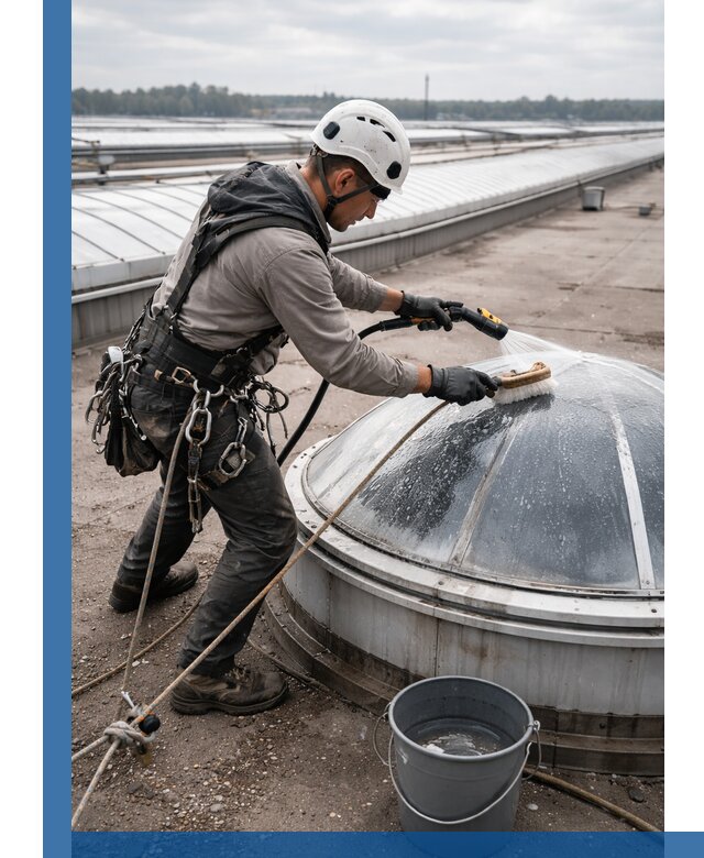 Мойка зенитных фонарей на кровле для промышленных объектов в Вязьме