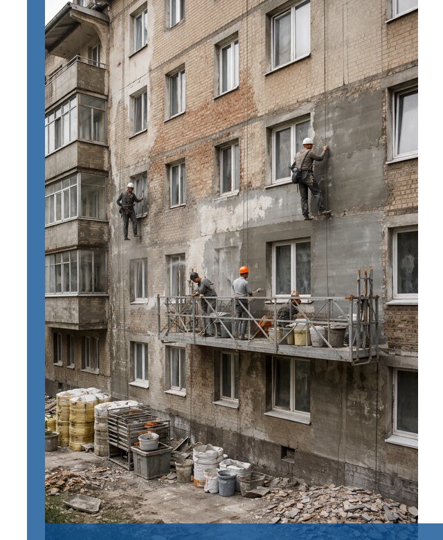 Капитальный ремонт фасада в Вязьме с восстановлением и гидроизоляцией