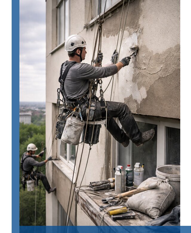 Косметический ремонт фасада зданий в Вязьме промышленными альпинистами