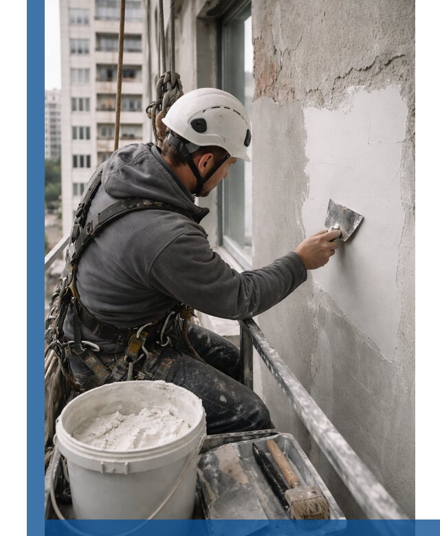 Шпаклевка фасадов на высоте с промальпинистами в Вязьме