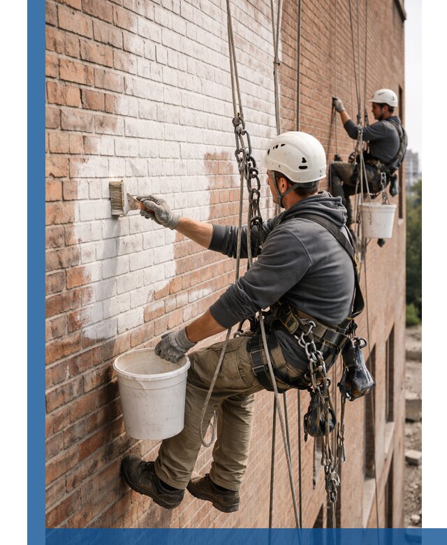 Покраска кирпичного фасада с доступным альпинистским сервисом в Вязьме