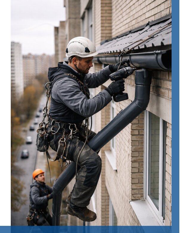 Монтаж водосточной системы на здании в Вязьме от 5141 р. | ВЫСОТНИК-Взь