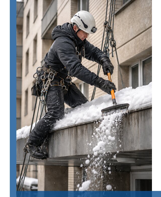 Очистка козырьков от снега в Вязьме круглогодично безопасно