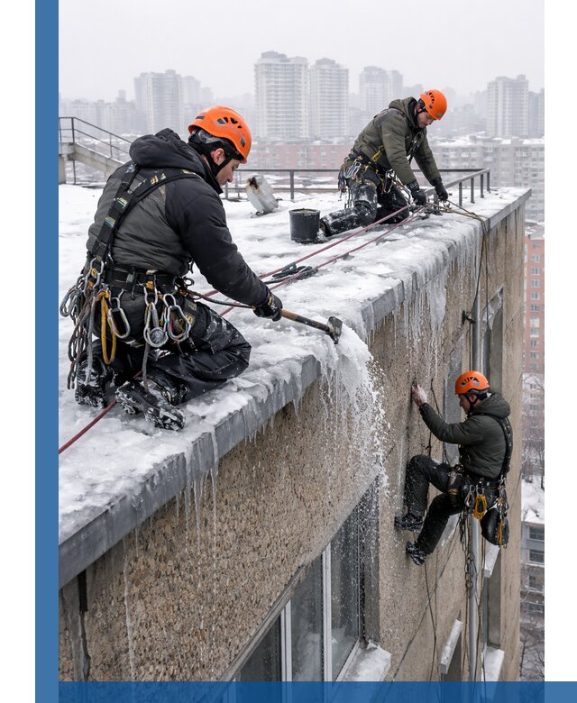 Удаление наледи с кровли в Вязьме промышленными альпинистами