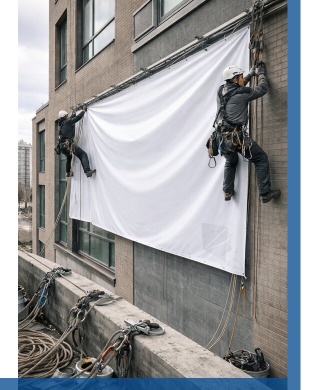 Монтаж баннеров на фасаде в Вязьме от 668 р. заказать ВЫСОТНИК-Взь