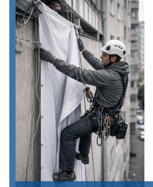 Замена баннерного полотна промышленными альпинистами в Вязьме