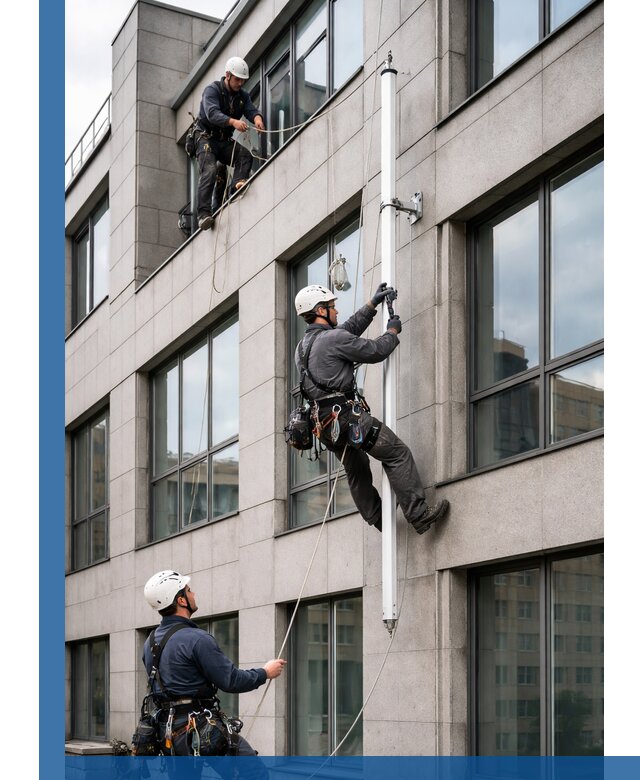 Монтаж флагштока на фасаде здания с креплением и герметикой в Вязьме