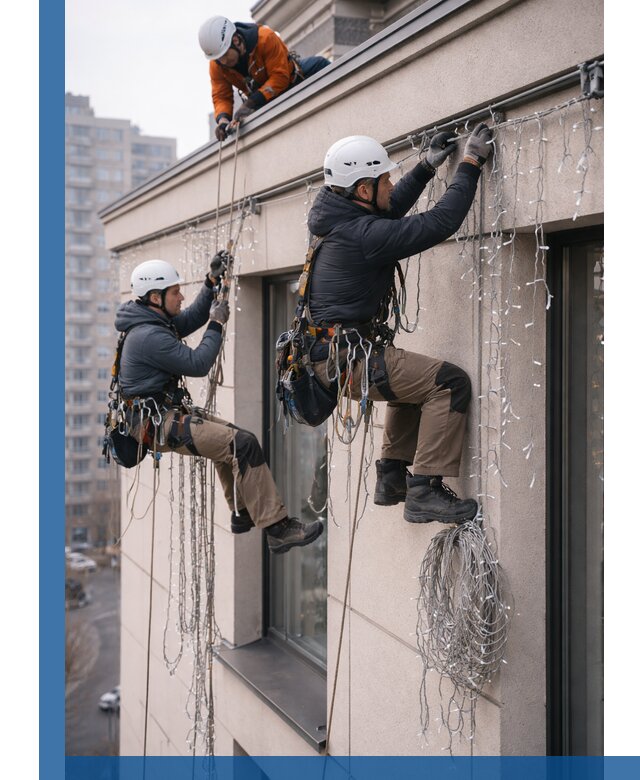 Монтаж праздничных гирлянд на фасаде в Вязьме для зданий