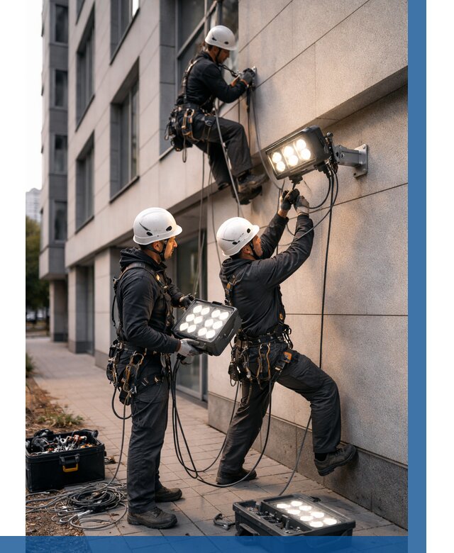 Монтаж прожекторов на фасаде в Вязьме от 7712 р. | ВЫСОТНИК-Взь