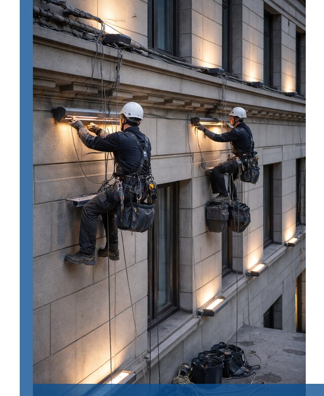 Монтаж архитектурной подсветки фасадов зданий в Вязьме