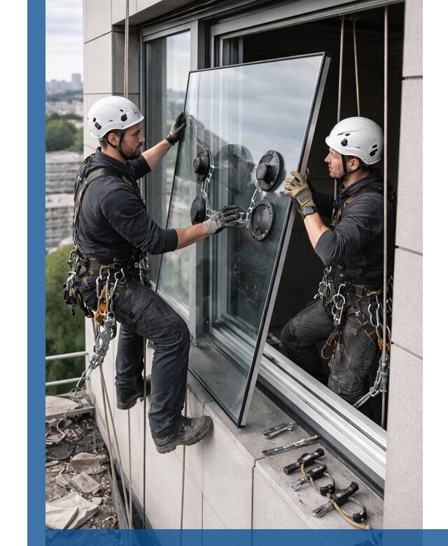 Замена стеклопакетов на высоте с промышленными альпинистами в Вязьме