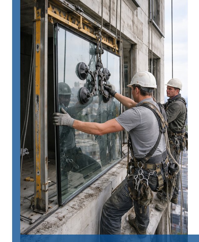 Монтаж стеклопакетов на высоте в Вязьме с промышленным альпинизмом