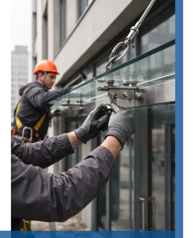 Монтаж стеклянных козырьков в Вязьме от 8740 р. | ВЫСОТНИК-Взь