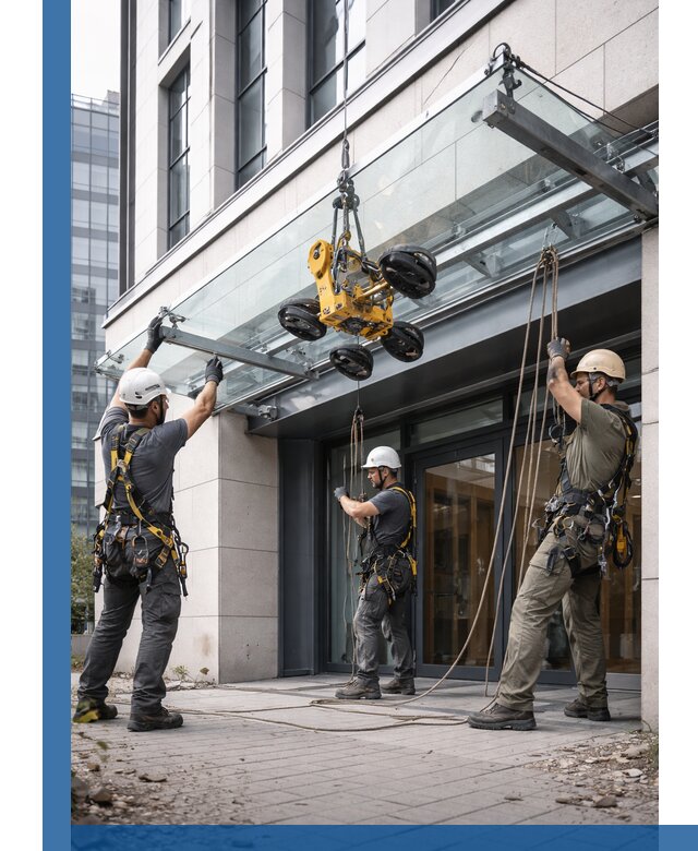 Монтаж стеклянных козырьков под ключ в Вязьме для зданий