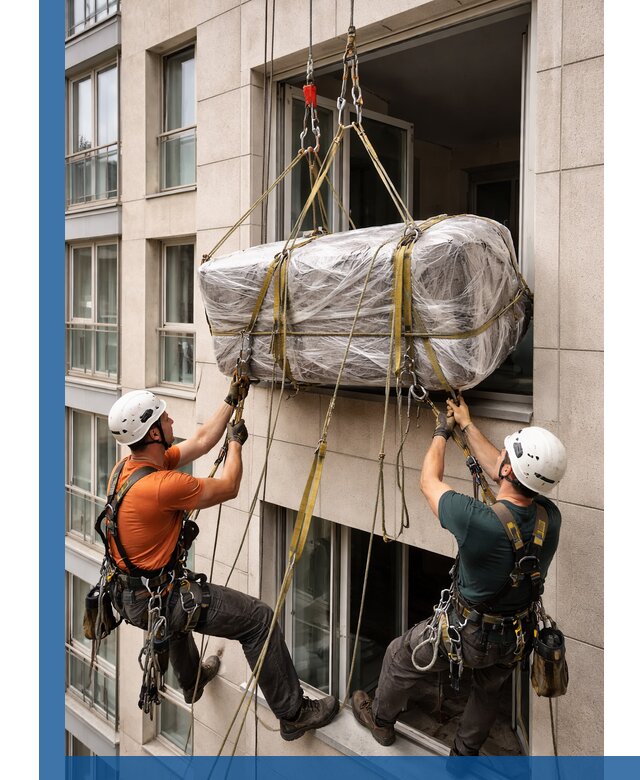 Подъем грузов через окно в Вязьме промышленными альпинистами