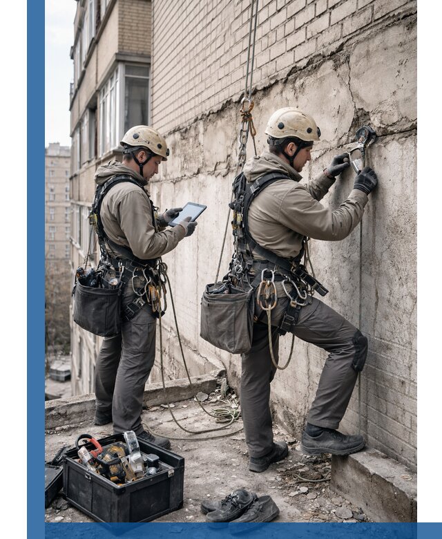 Обследование фасада промышленными альпинистами в Вязьме